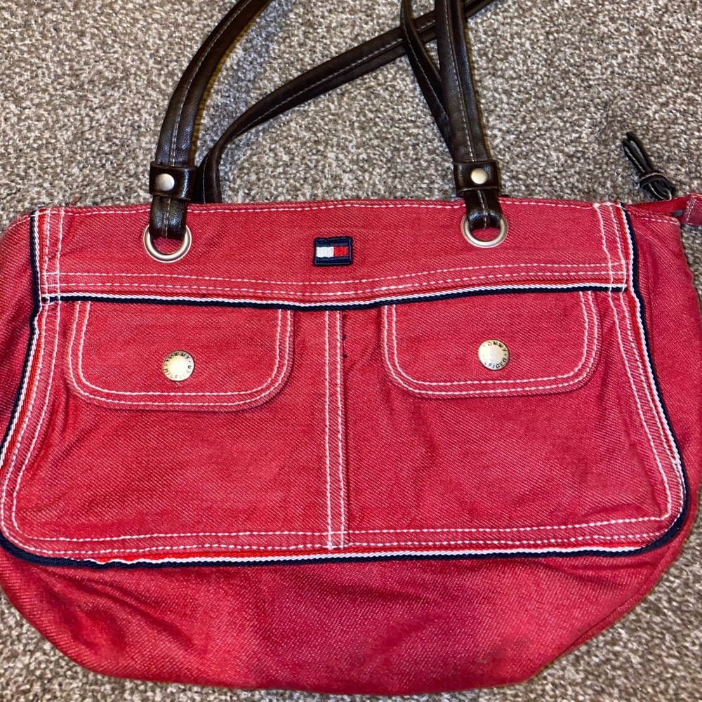 TOMMY HILFIGER RED DENIM BAG WITH LEATHER HANDLES